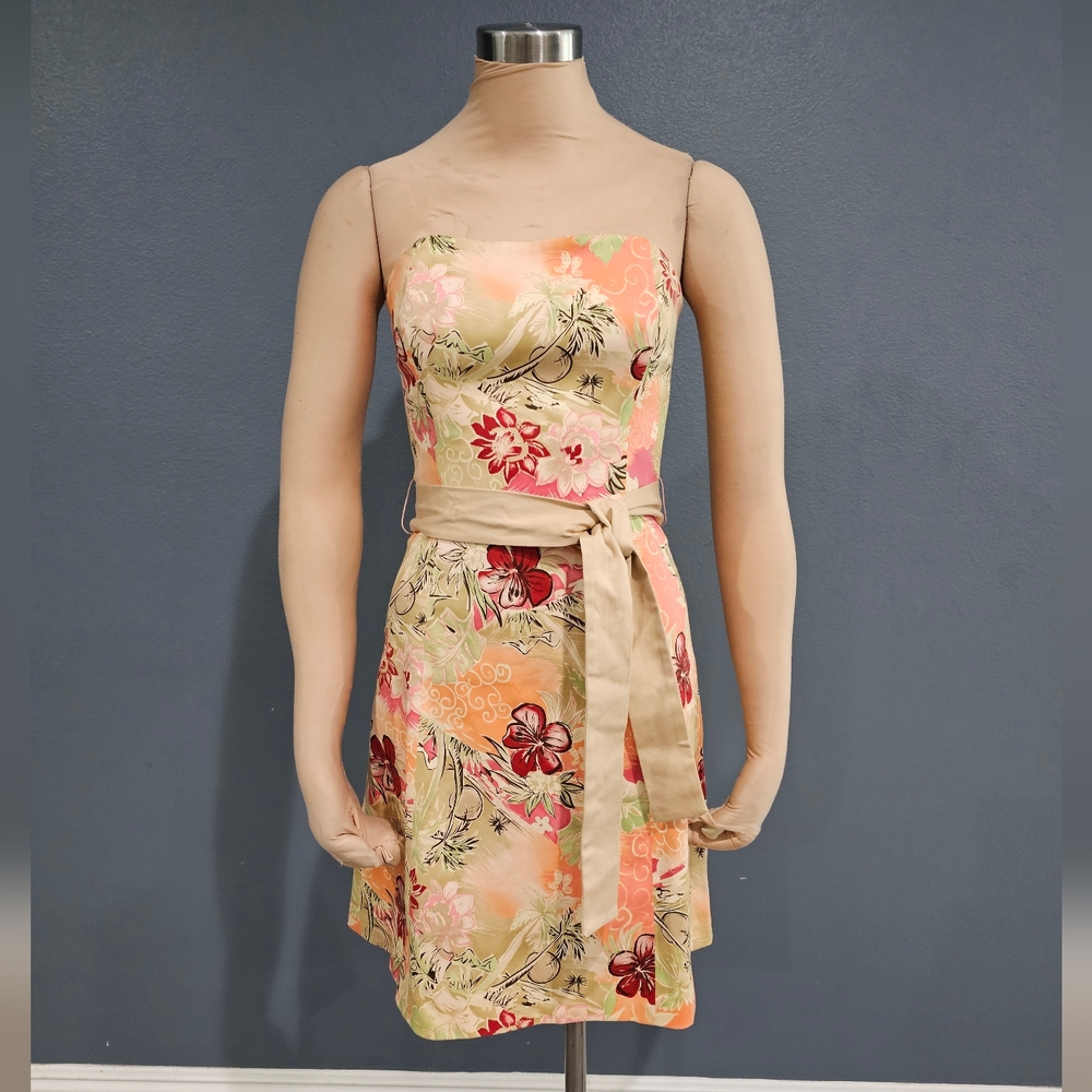 ROBIN JORDAN Beige Coral Tropical Floral Strapless Belt Tie A-Line Dress 4/6